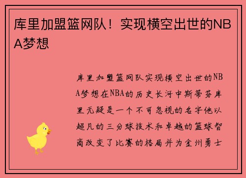库里加盟篮网队！实现横空出世的NBA梦想