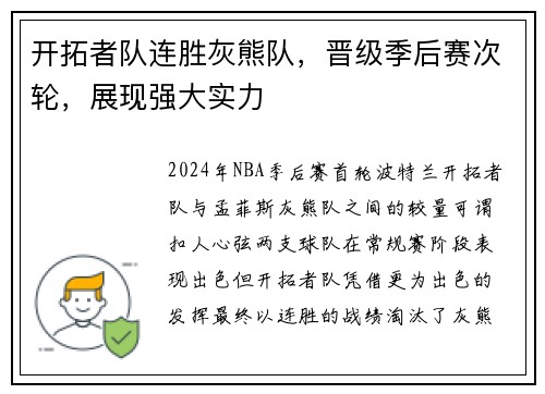 开拓者队连胜灰熊队，晋级季后赛次轮，展现强大实力