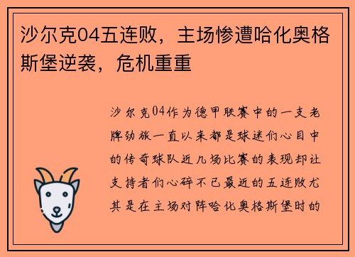沙尔克04五连败，主场惨遭哈化奥格斯堡逆袭，危机重重